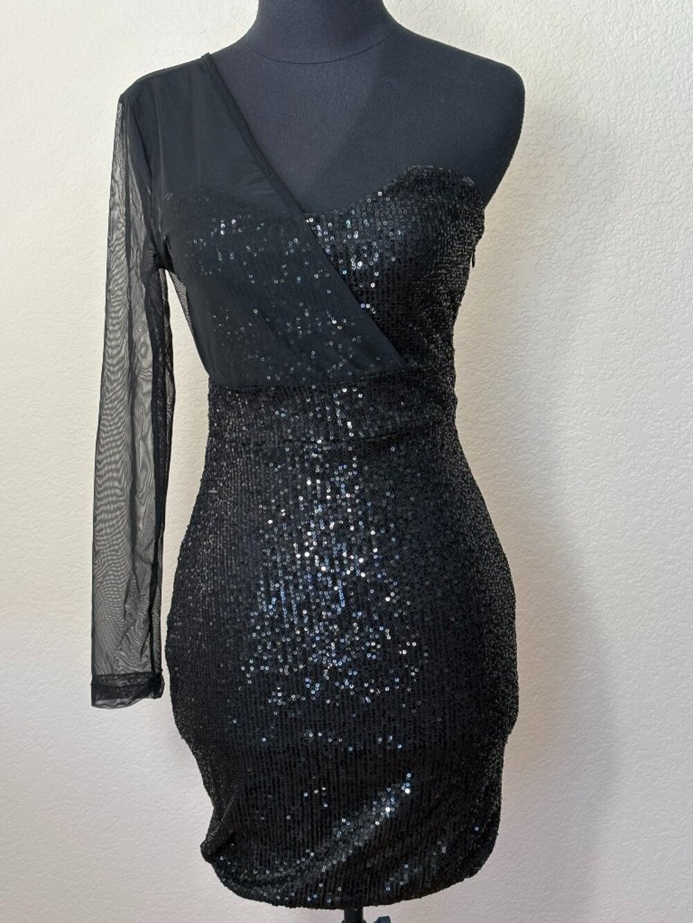 ChicMe Black Sequin One Shoulder Mesh Sleeve Mini Dress S